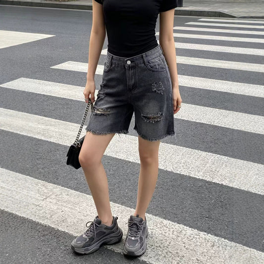 Women's Washed Frayed Cropped Denim Pleated Women's Jeans