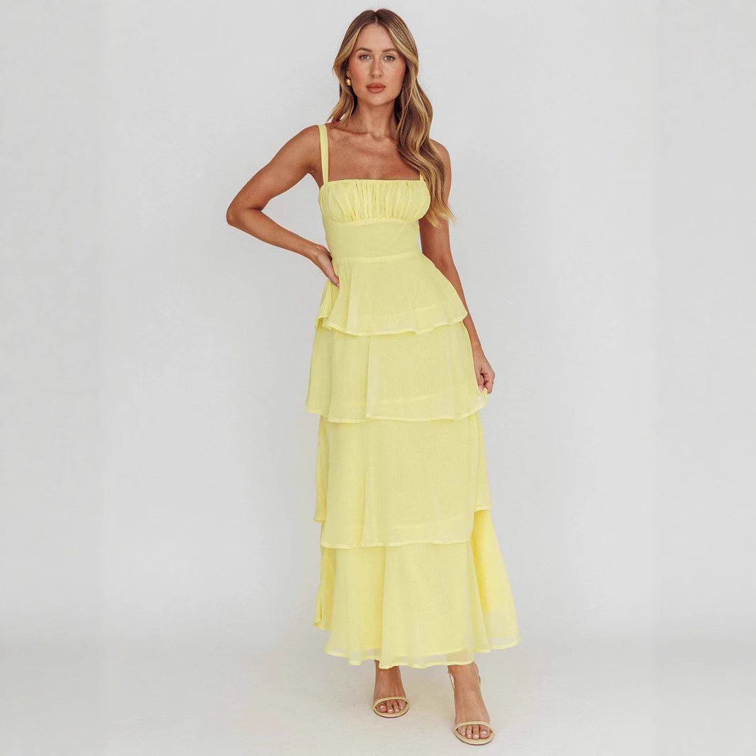 New Women's Suspender Layered Sleeveless Backless Dress