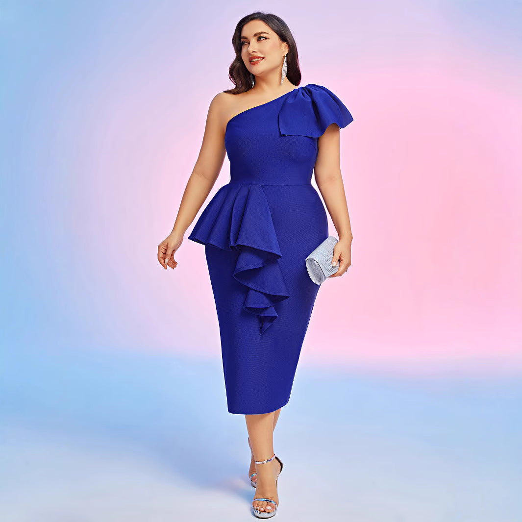 Temperament Elegant One Shoulder Ruffles Fashion Dress