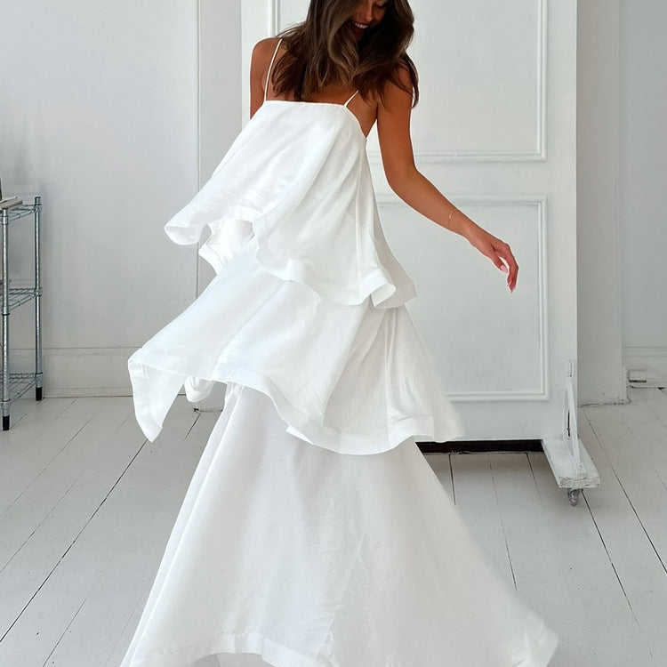 Women's French Style Sleeveless White Satin Draping Dress Design Dresses