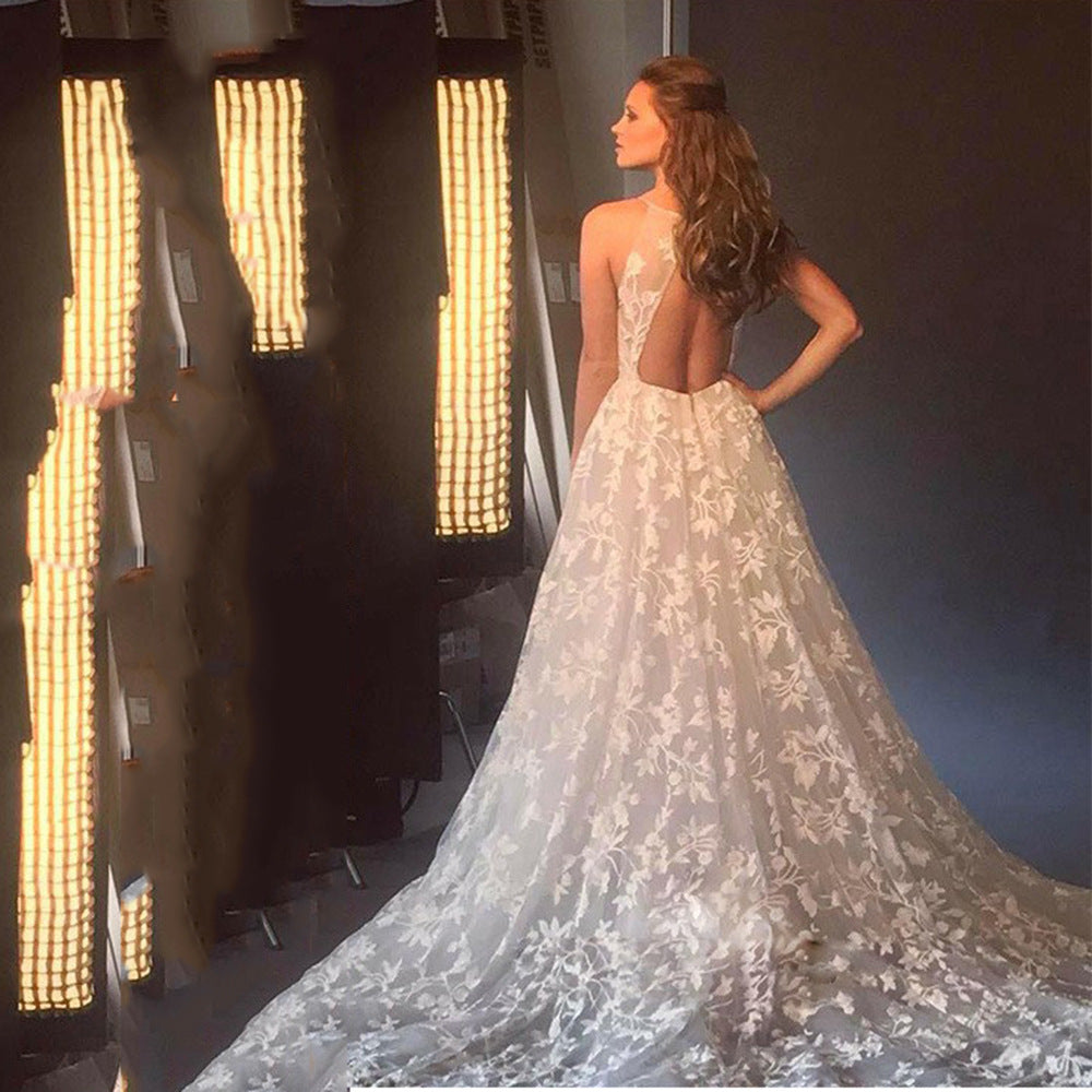 White Long Sexy Strap Hollow Lace Dress
