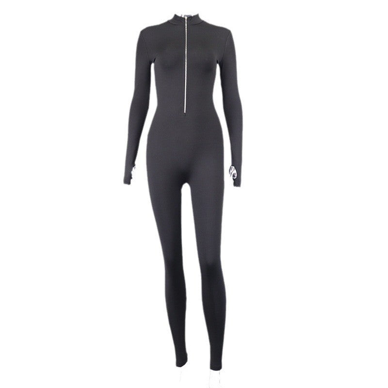 Women's Zipped Stand Collar Solid Color Long-sleeved One-piece Trousers Tights Jumpsuits