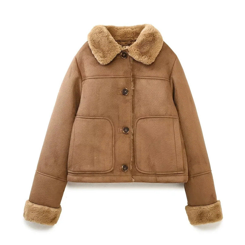 Women's Autumn Fur One Suede Texture Effect Jackets