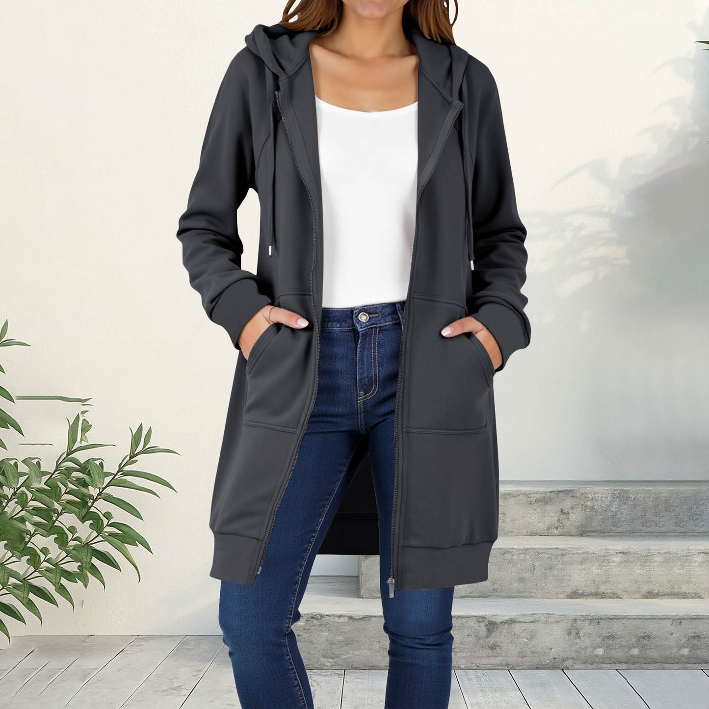 Women's Hooded Solid Color Loose Long Fleece Raglan Women's Sweater, Sweater