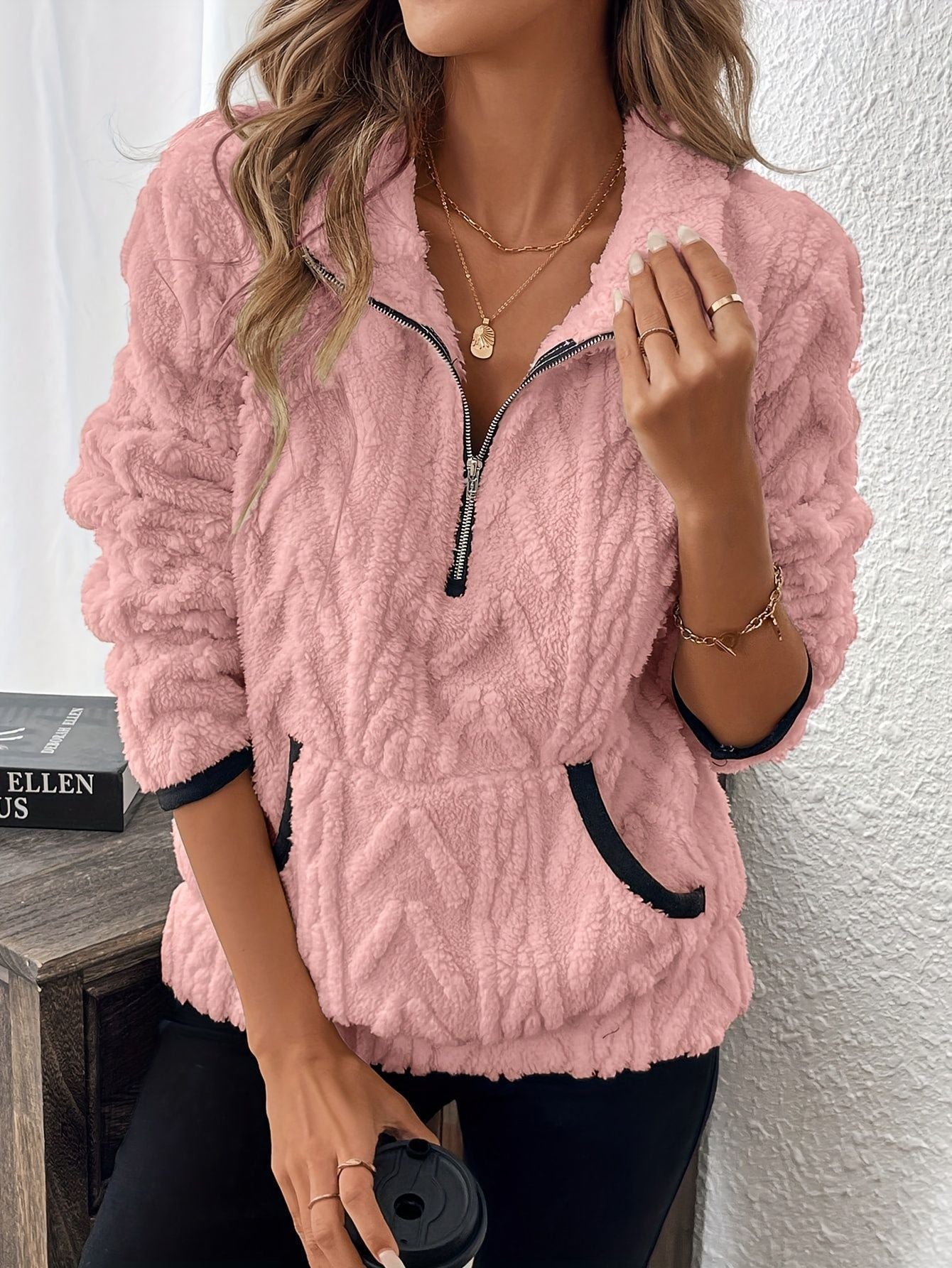 Lapel Classic Style Jacquard Half Zipper Plush Women's Sweater, Sweater