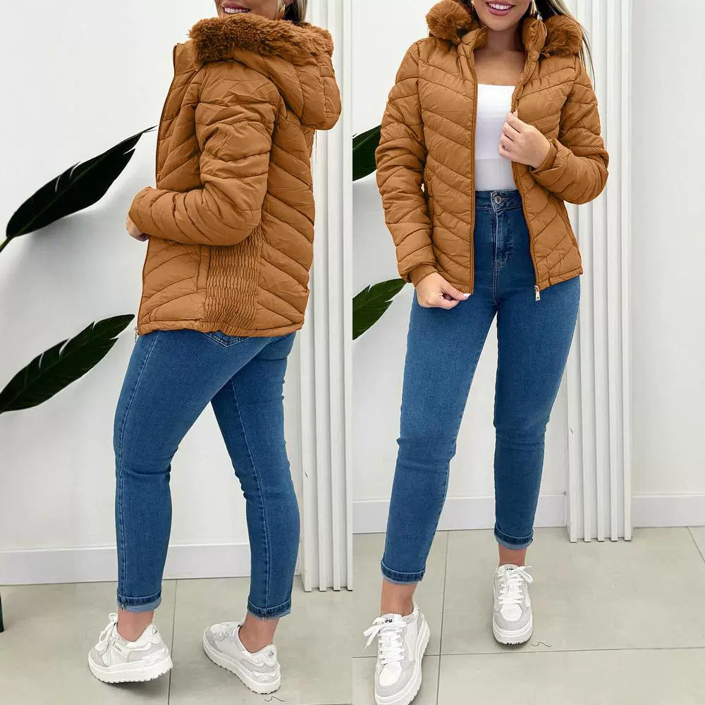 Color Waist Tight Hooded With Fur Blouses