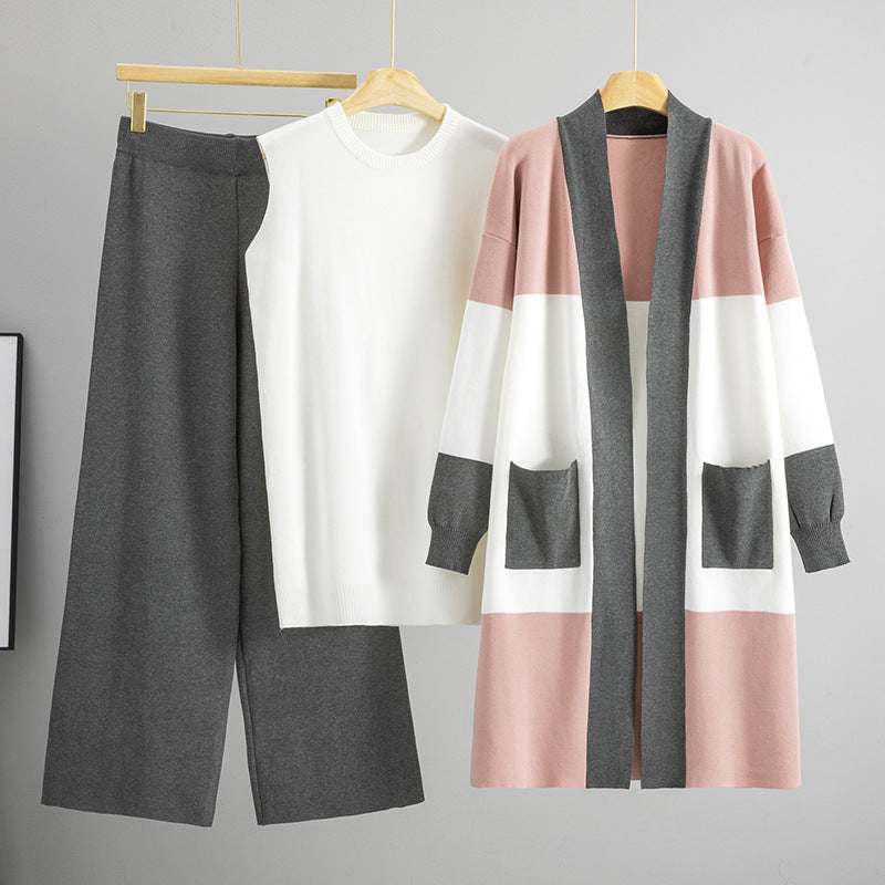 Women's Autumn Knitted Mid-length Wide Leg Three-piece Cardigans