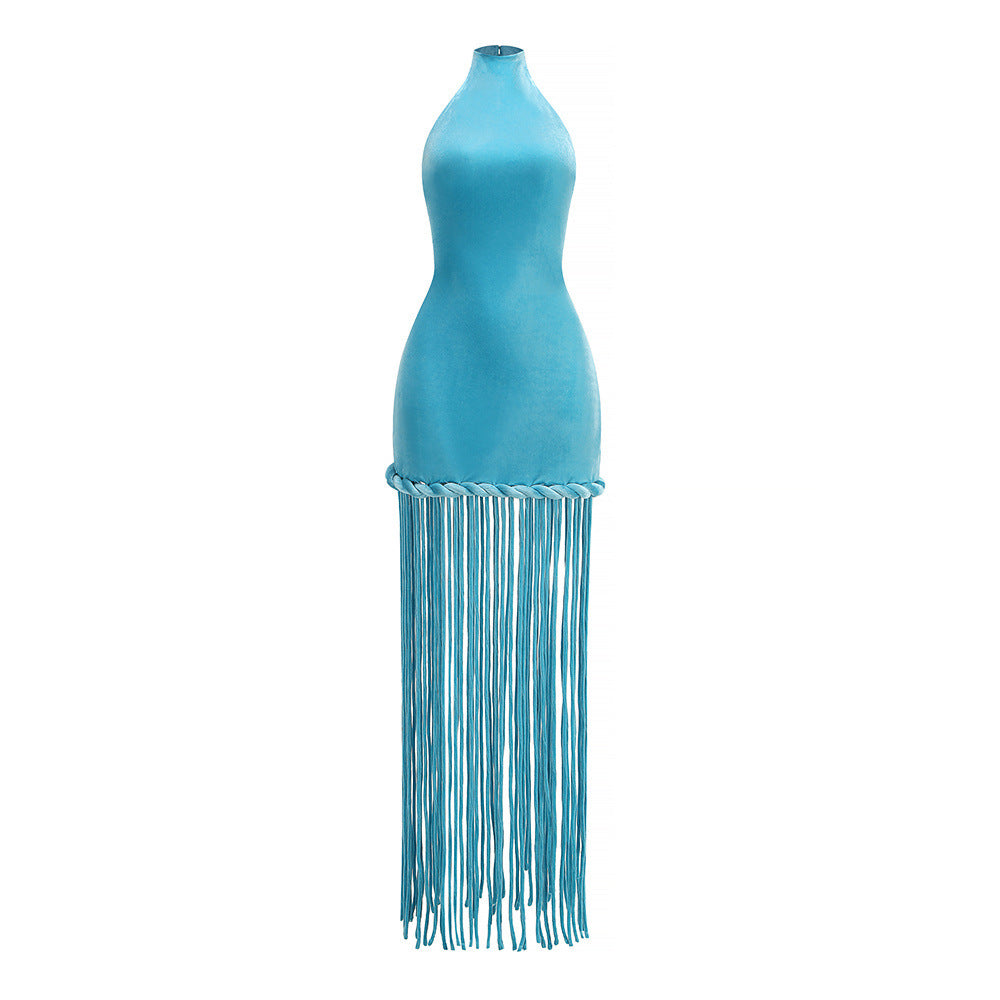 Collar Halter Veet Dress Blue Slim Fit Tassel Dresses
