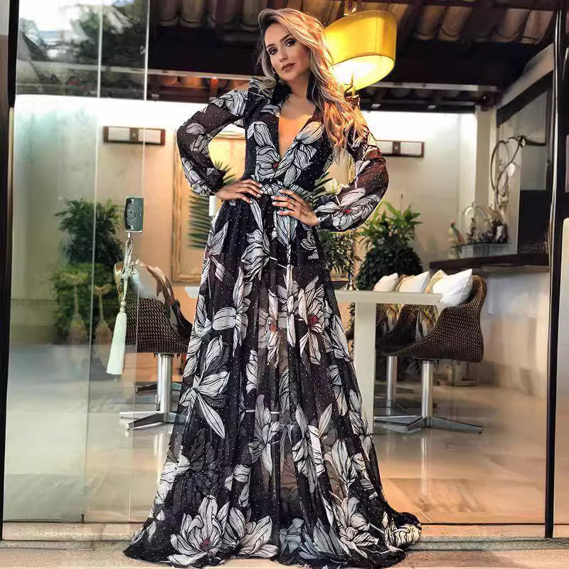 Women's Sexy Deep V Long Sleeve Printed Skirts