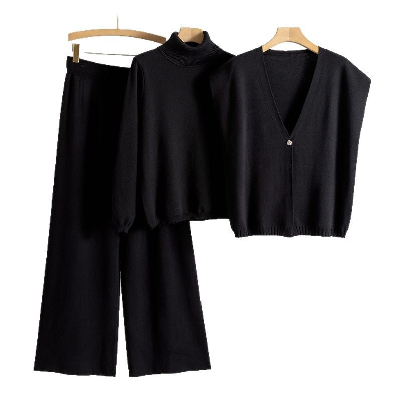 Women's Fashionable Turtleneck Wide Leg Knitted Three-piece Sweaters