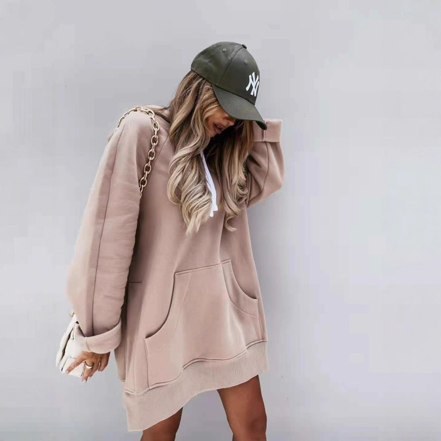 Women's Solid Color Casual Hooded Mouse Bag Rope Brushed Women's Sweater, Sweater