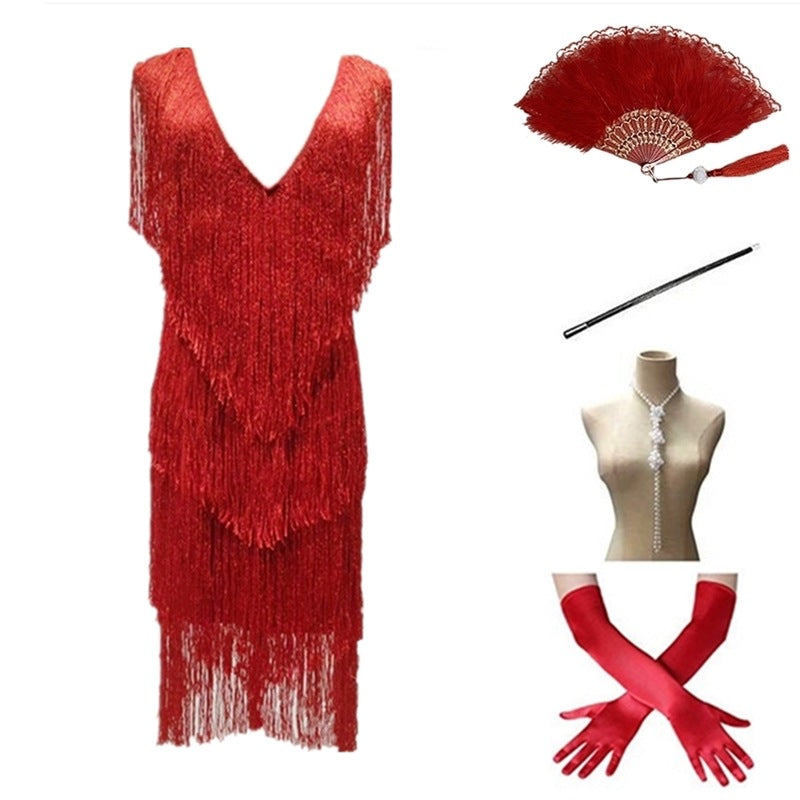 Women's Vintage Sequined Party Dinner Dress Tassel Dresses