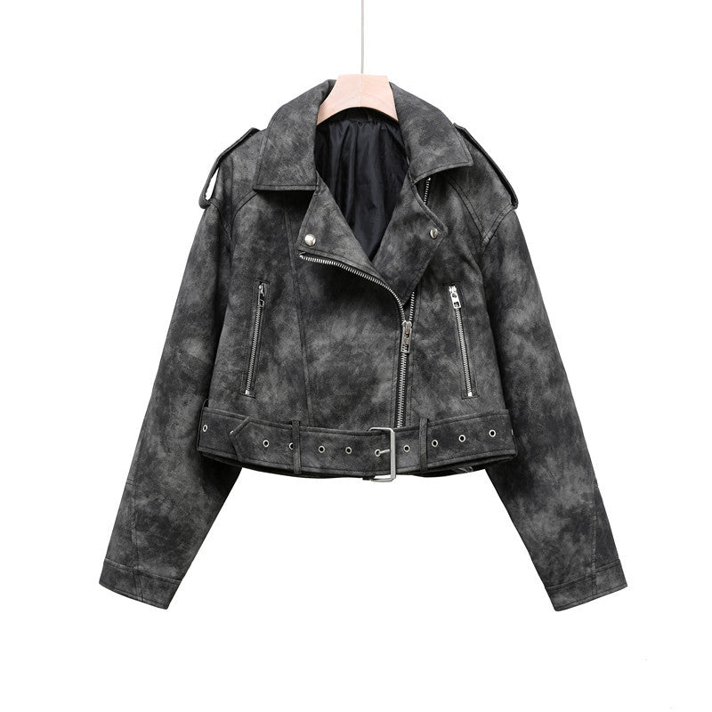 Women's Two-color Leather Distressed Lapel Baggy For Coats