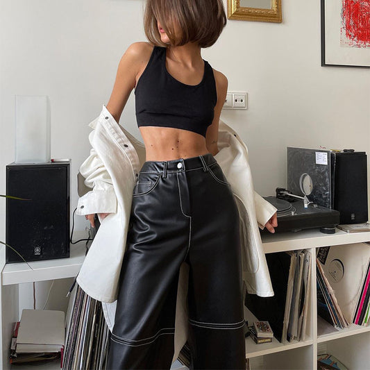 Women's Leather High Waist Stitching Slimming Straight Pants