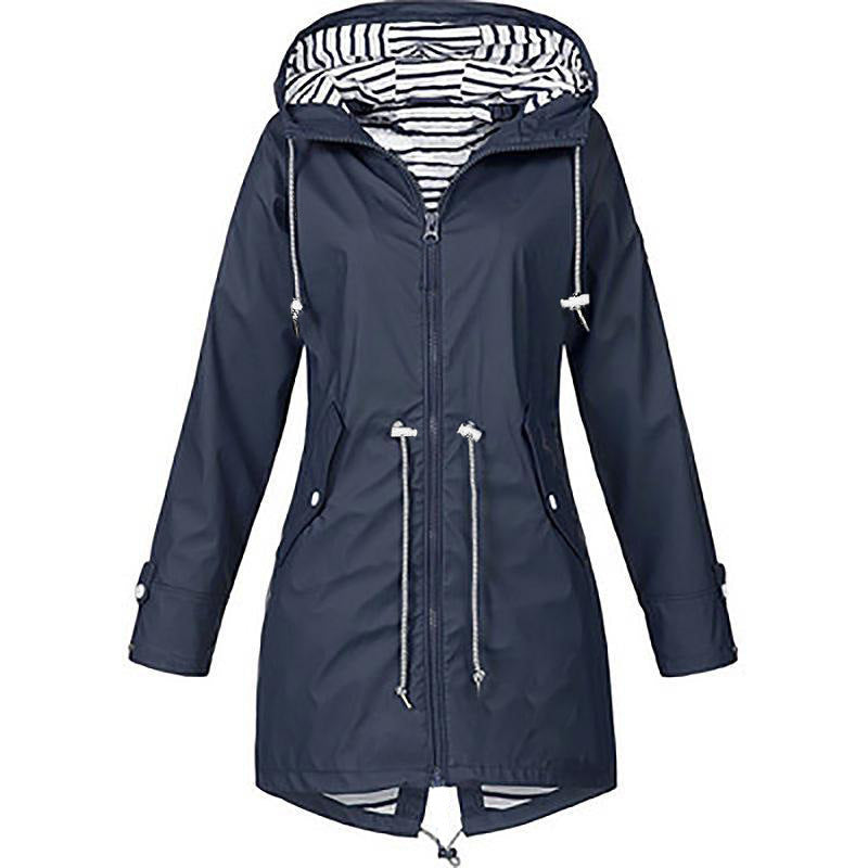 Women's Full Striped Shell Hooded Outdoor Raincoat Plus Size