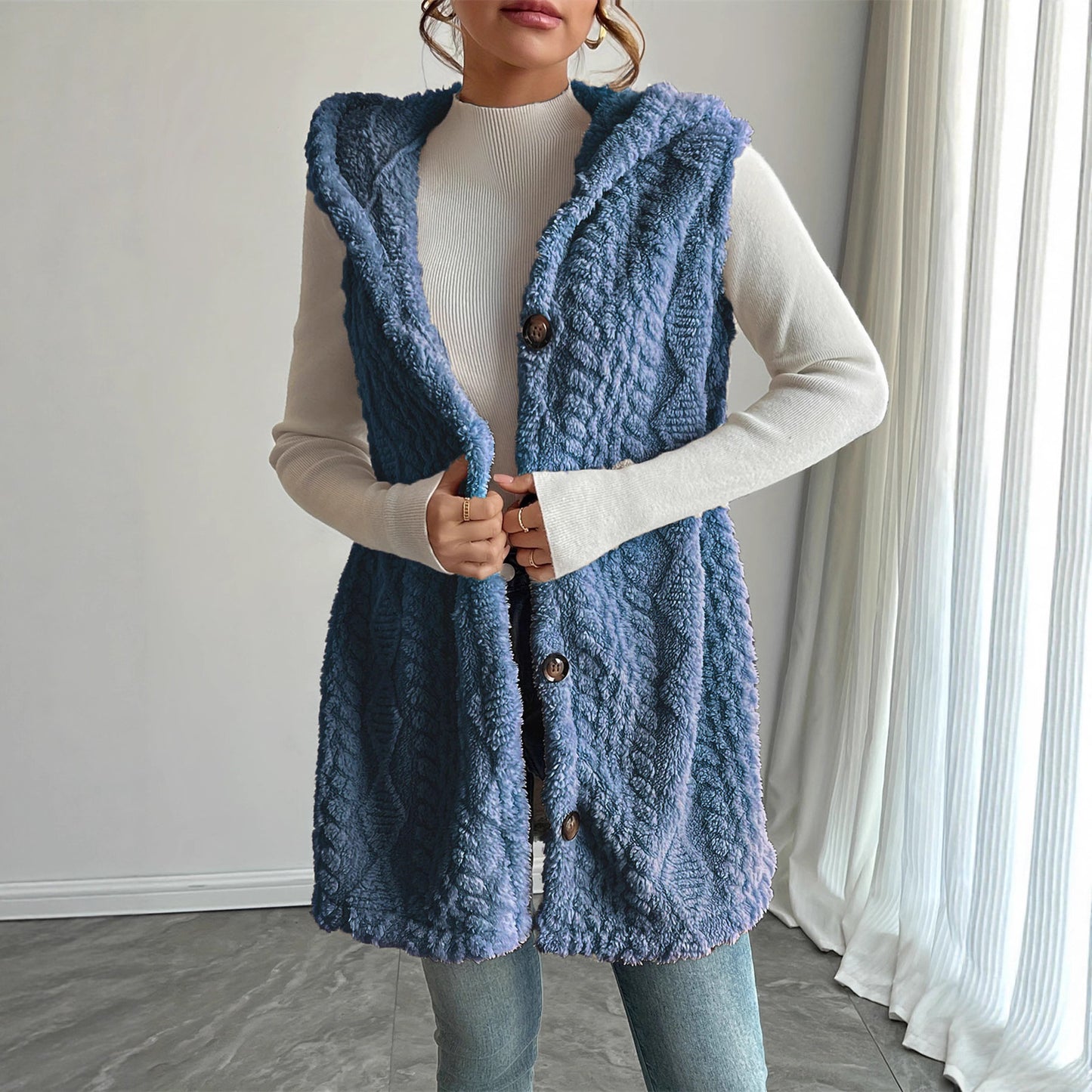 Solid Color Double-sided Plush Hooded Button Women's Vest