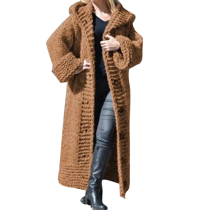 Women's Winter Hooded Single-breasted Solid Color Knitted Sweaters