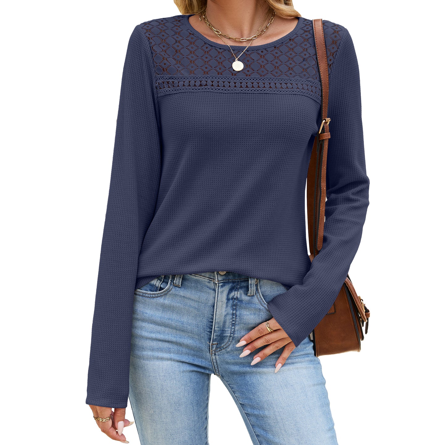Women's Solid Color Round Neck Lace Stitching Loose Women's T-shirt