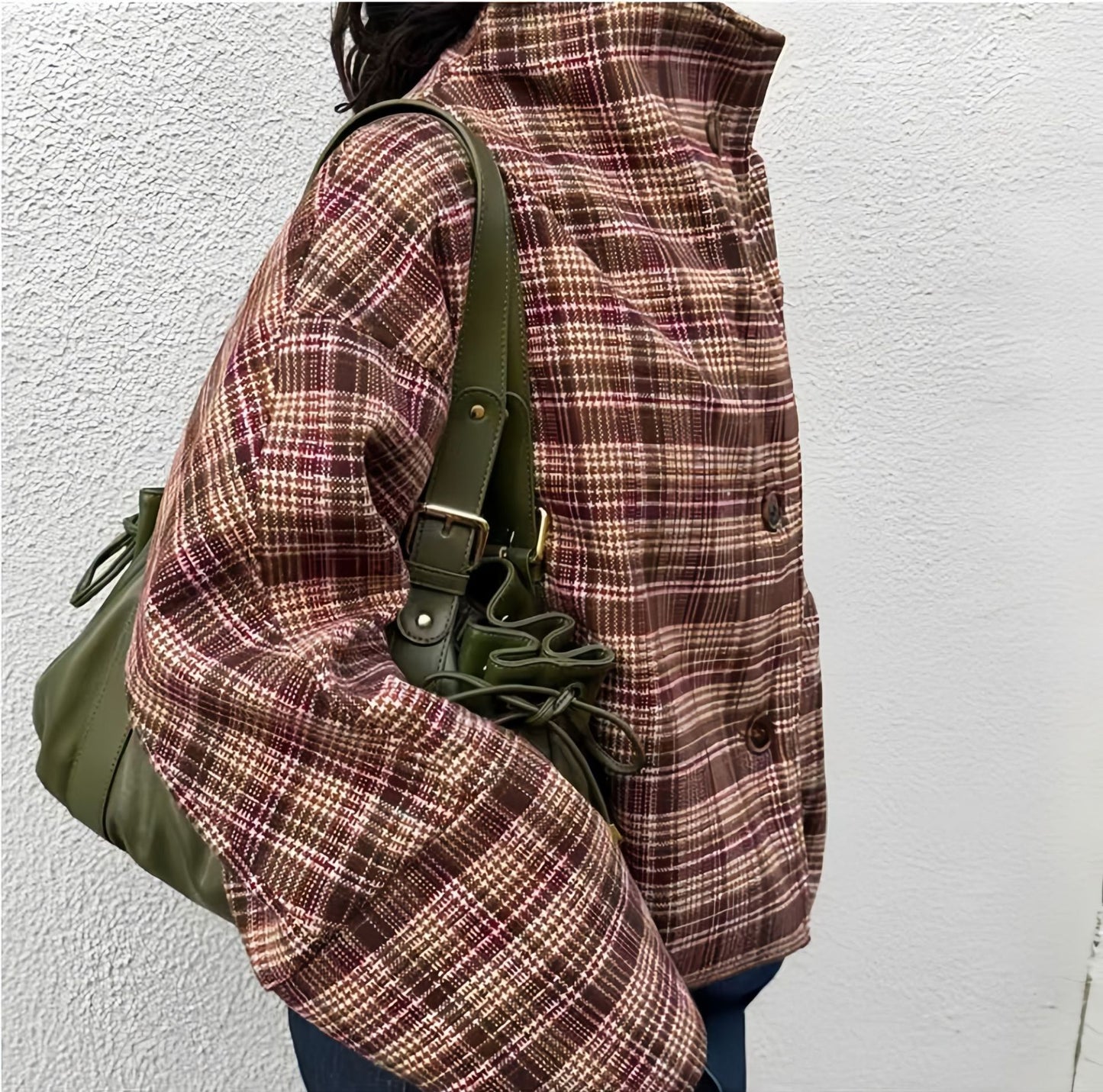 Women's Graceful Stand Collar Button Chic Plaid Coats