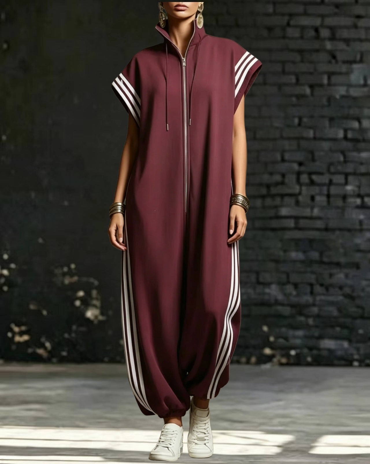 Women's Zipped Stand Collar Striped Contrast Color Jumpsuits
