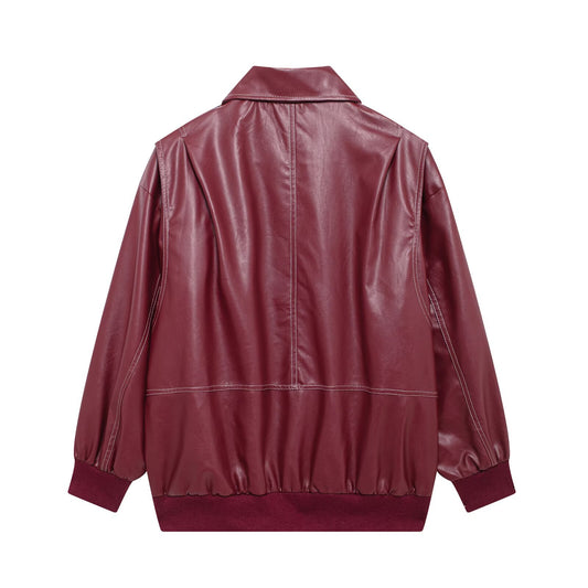 Women's Two-color American Retro Lapels Loose Leather Jackets