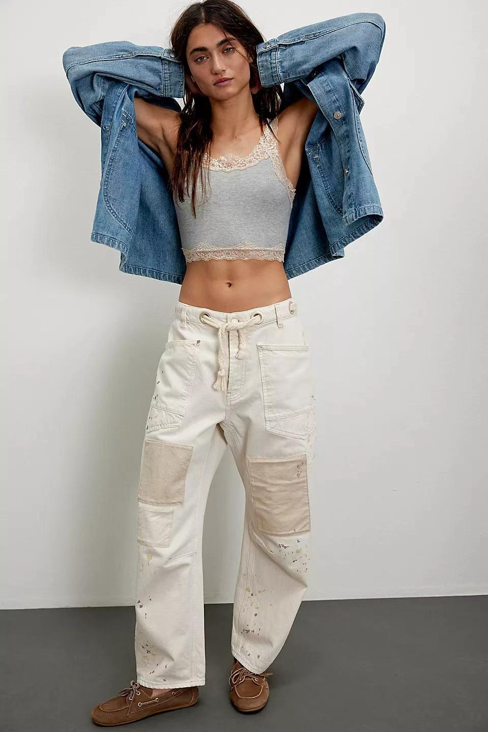 Retro Washed Stitching Patchwork Straight Drawstring Women's Jeans
