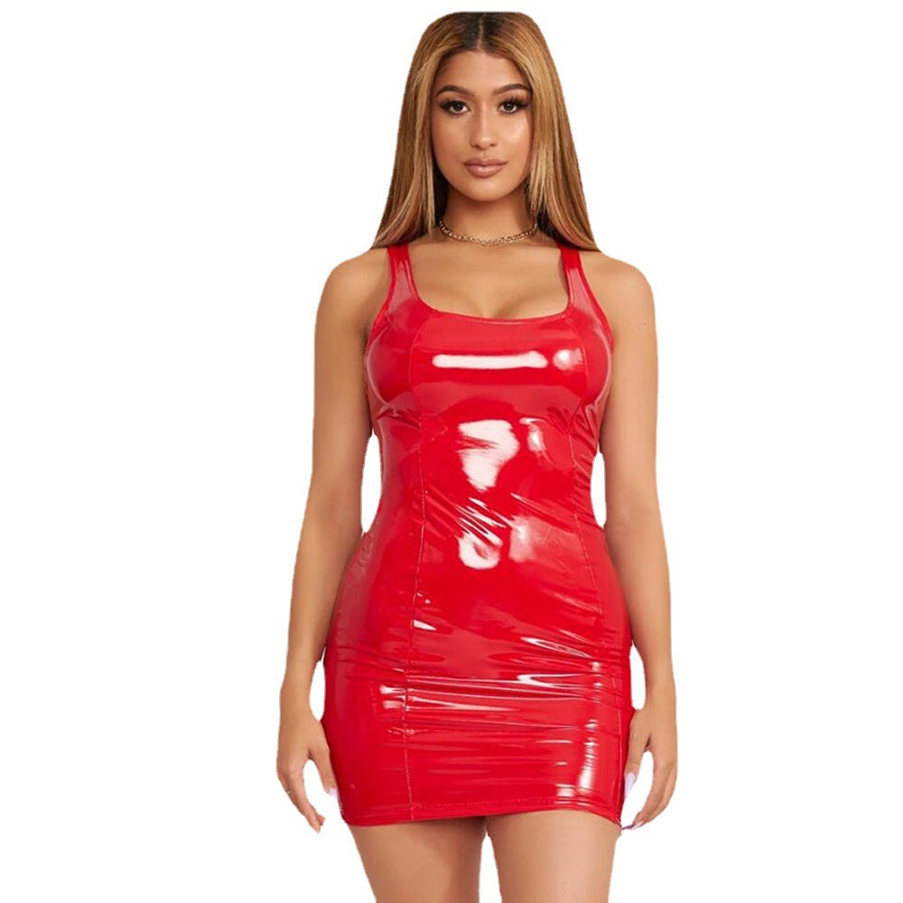 Nightclub Party Sexy Sleeveless Sheath Imitation Leather Zipper High Elastic Skirts