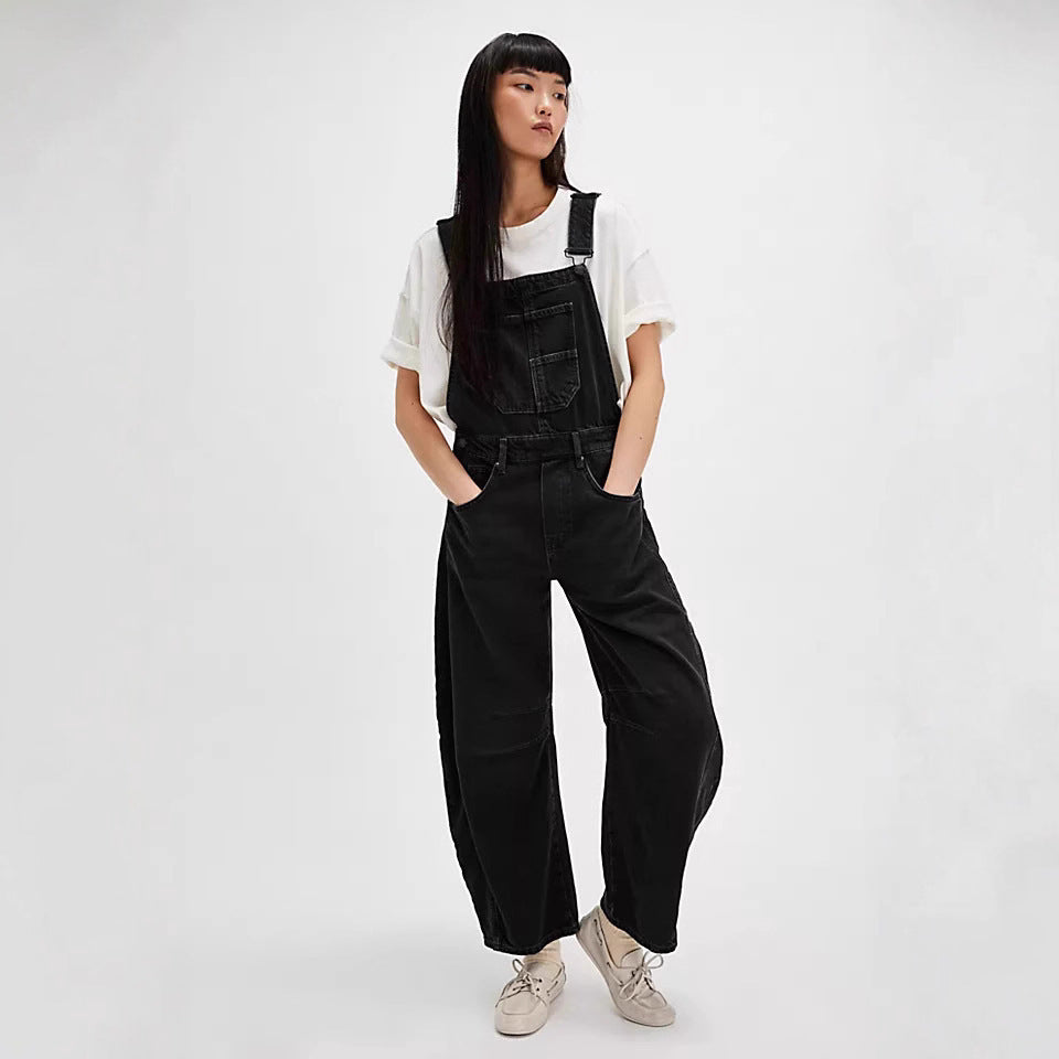 Women's Street Washed-out Vintage Loose Straight Suspender Women's Jeans