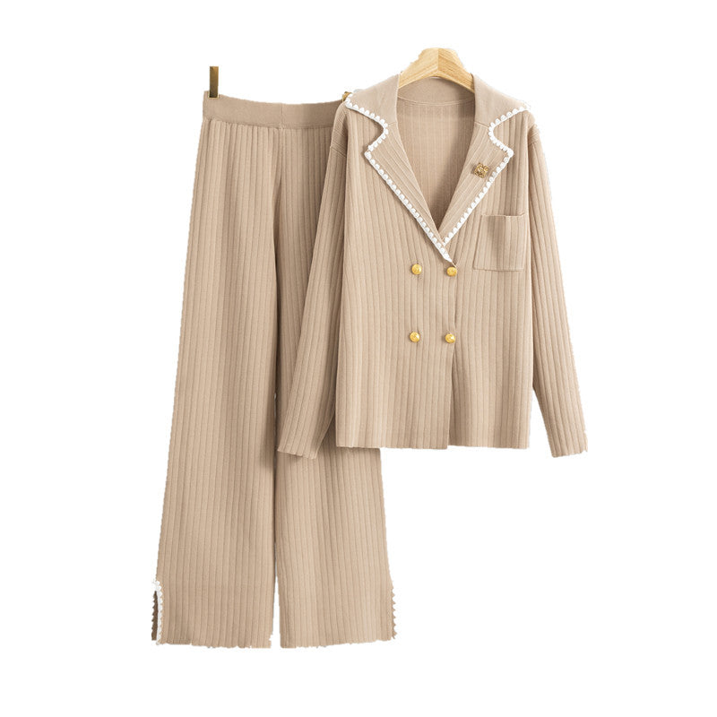 Casual Knitting Female Collar Elegant Wide Leg Suits