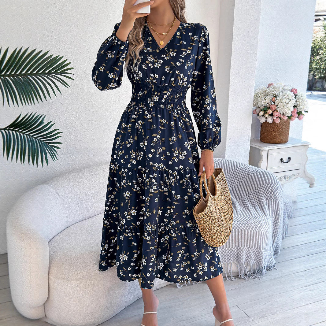 Women's Flowers Long Sleeve Waist Trimming Ruffles A- Line Dress