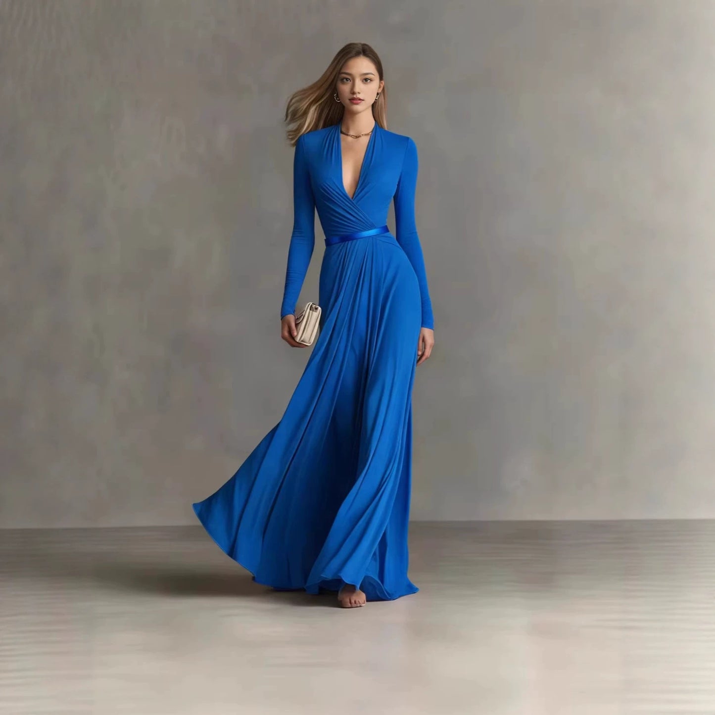Women's Solid Color Deep V Long Sleeve Dress