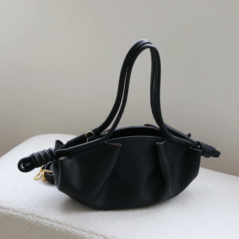 Women's Leather Folds Cloud Dumpling Drawstring Fashionable Handbags