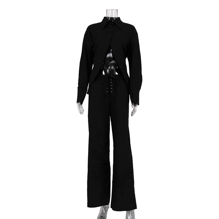 Women's Design White Shirt Hollow Out Tied Suits