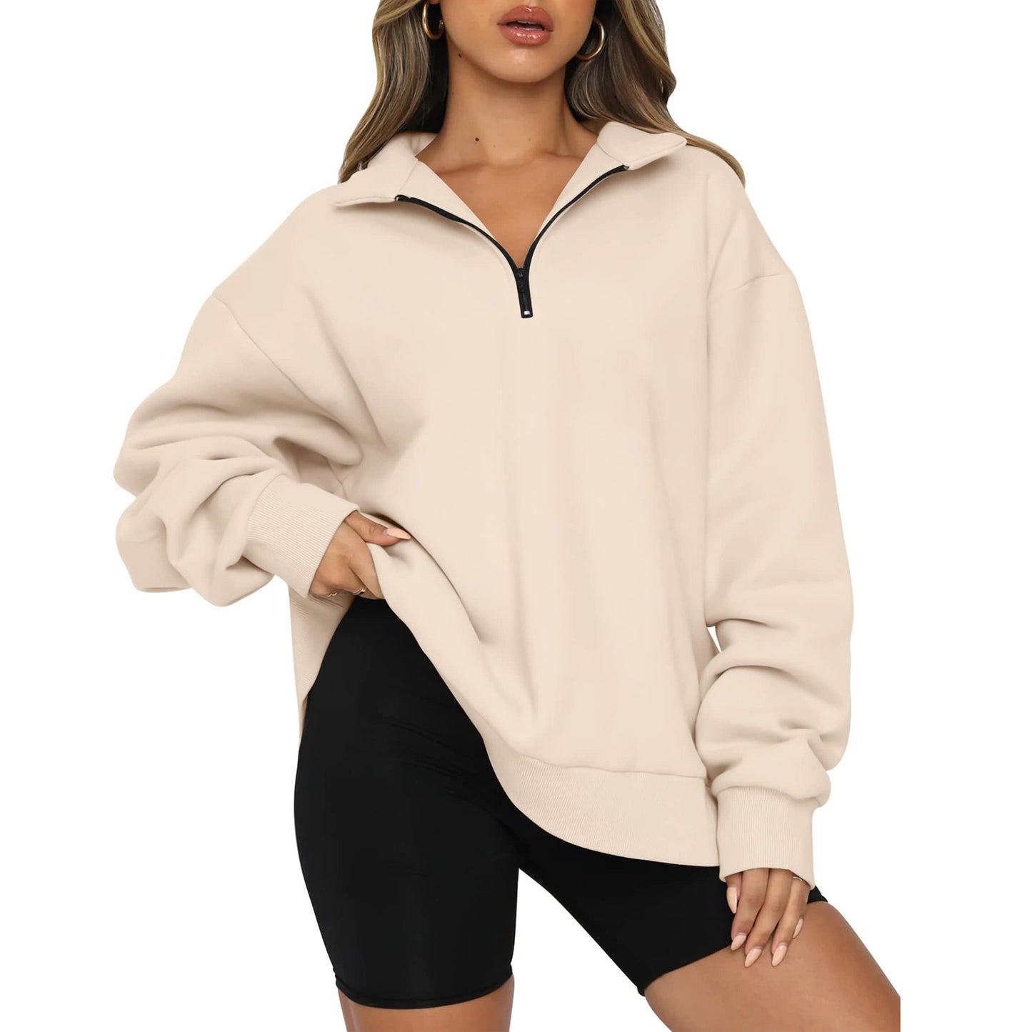 Women's Zipped Stand Collar Pullover Pocket Casual Loose Women's Sweater, Sweater