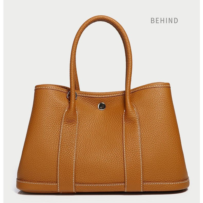 Durable Women's Cowhide Lychee Pattern Wide Handbags