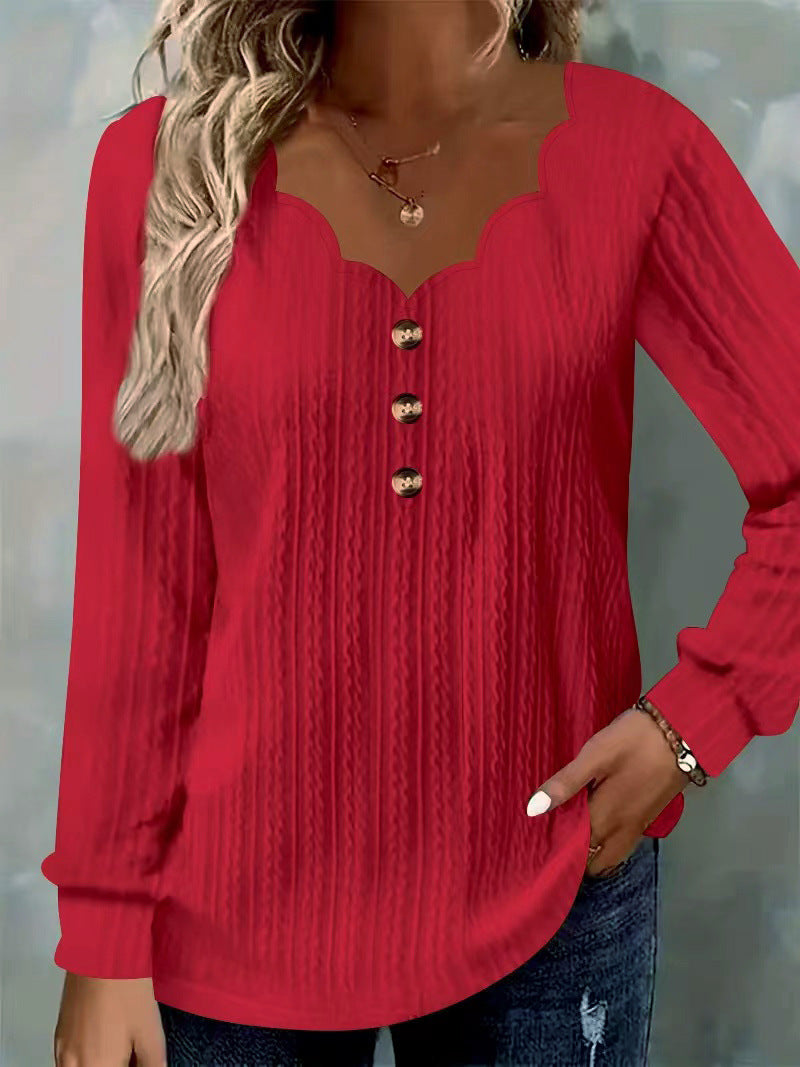 Women's Solid Color Scallop Front Button Long Women's T-shirt