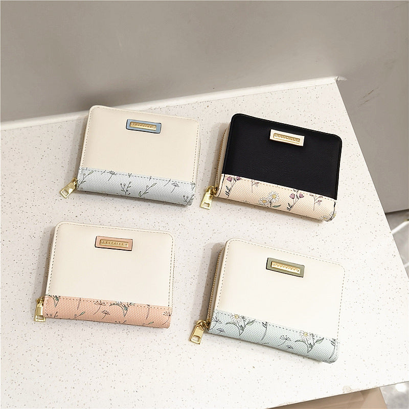 Women's Sweet Floral Stitching Horizontal Short Zipper Ladies Wallets
