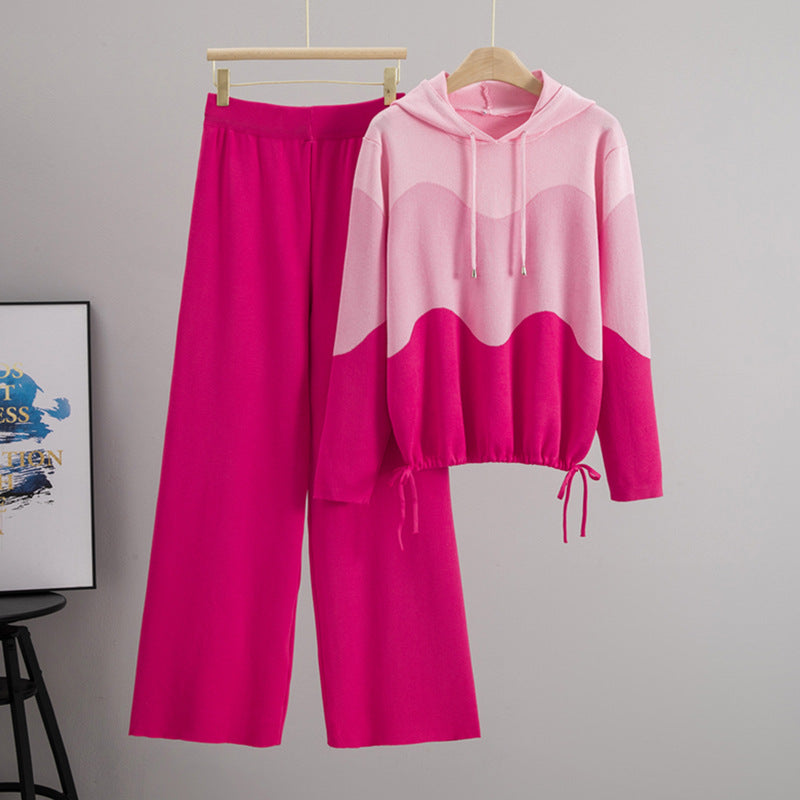 Women's Knitted Hooded Color-matching Leisure Sports Two-piece Suits