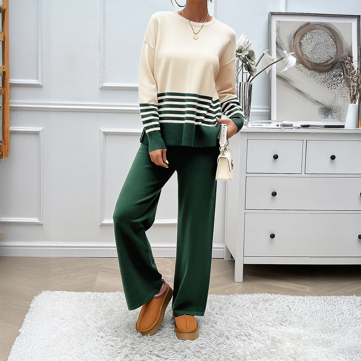 Women's Vacation Style Contrast Color Striped Straight Fashion Casual Suit