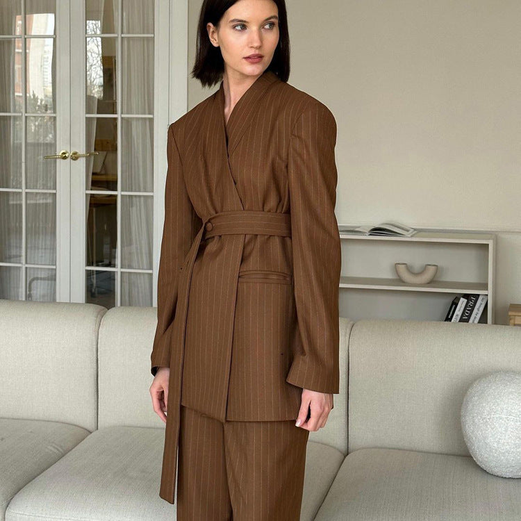 Women's Striped High-grade Long-sleeved Belt Two-piece Suits