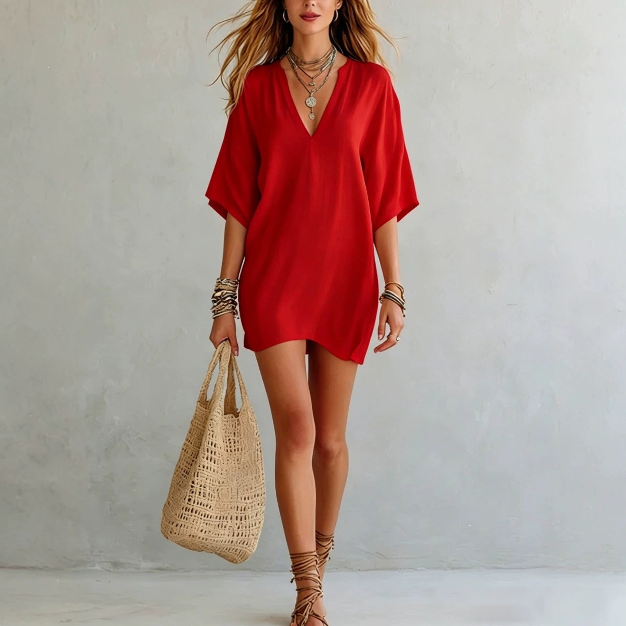 Women's Loose Solid Color T-shirt Vacation Style Dress