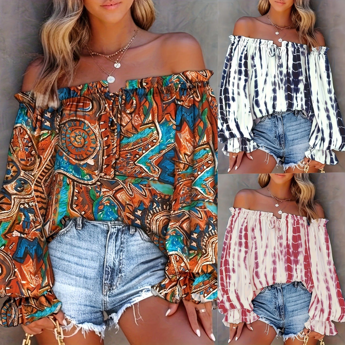 Women's Independent Printed Contrast Color Puff Sleeve Women's T-shirt