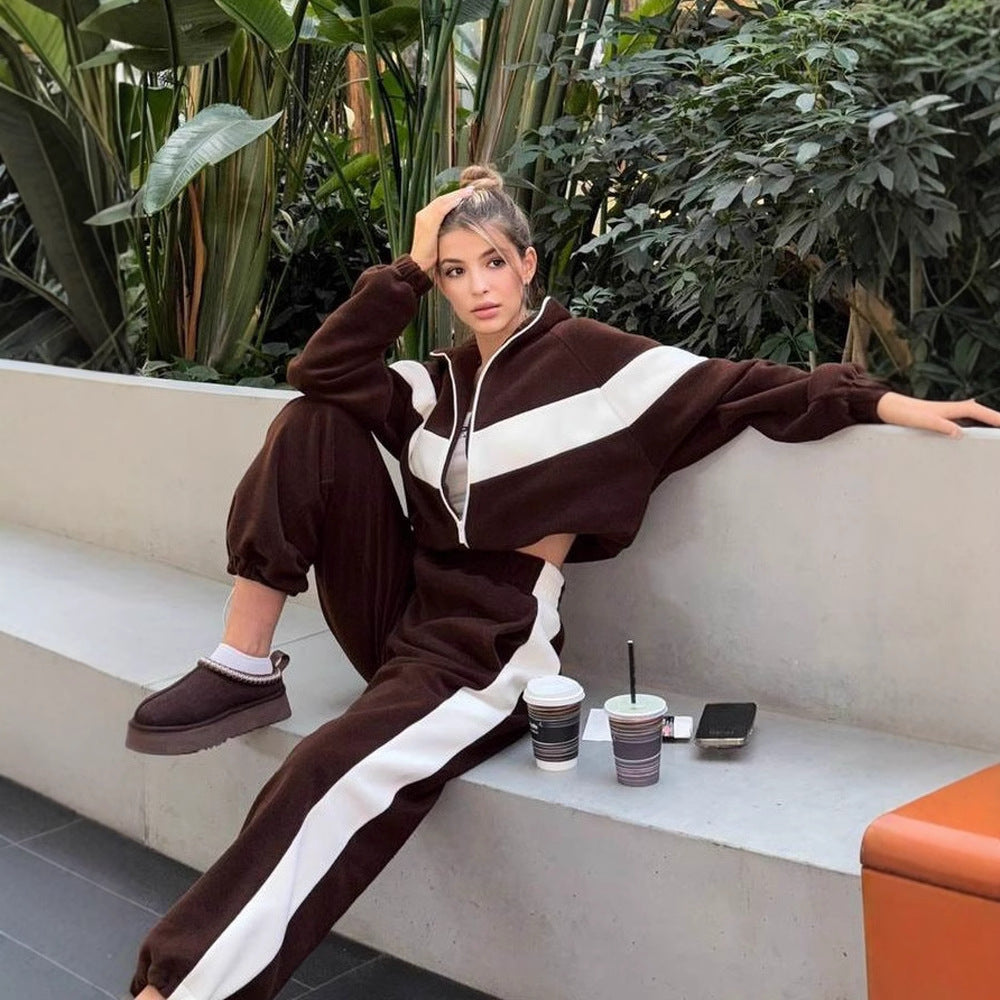 Women's Casual Sports Zipper Trousers Two-piece Set Suits