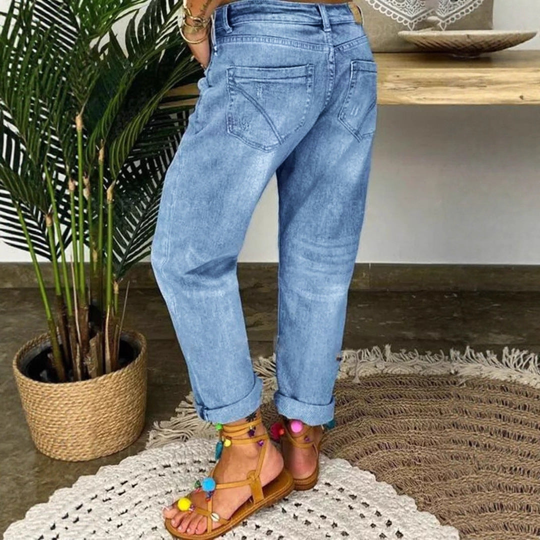 Women's Blue With Holes Loose Washed-out Straight Clothing