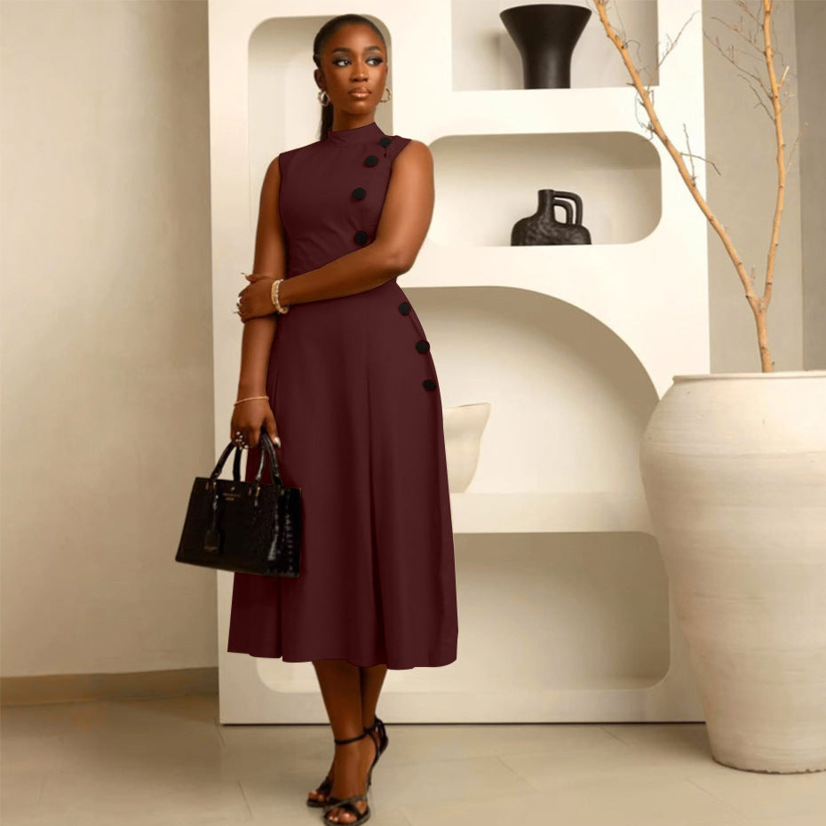 Elegant Graceful Waist Stand Collar Sleeveless Fastener Dresses