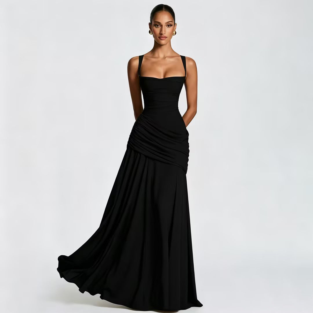Women's Sexy Solid Color Pleated Low-cut Backless Dress