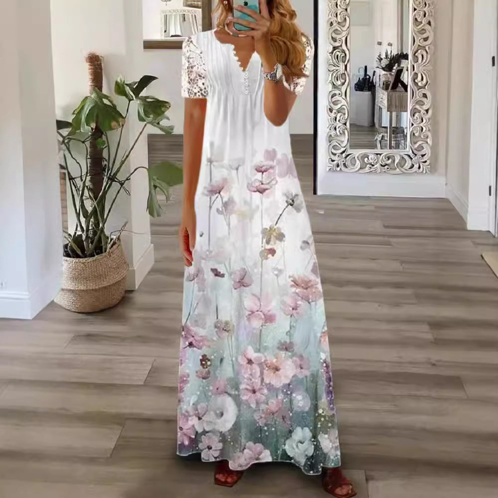 Women's Summer Single Breasted Lace Ruffled Sleeves Dress