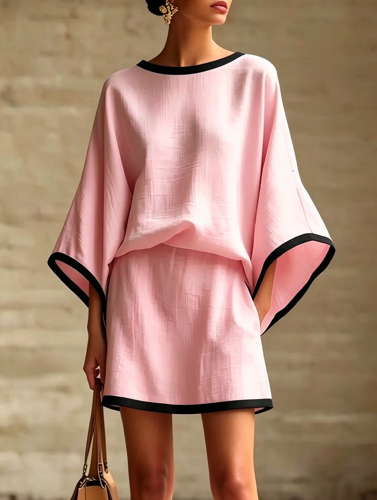 Women's Cotton Linen Dolman Sleeve Two-piece Set Skirts