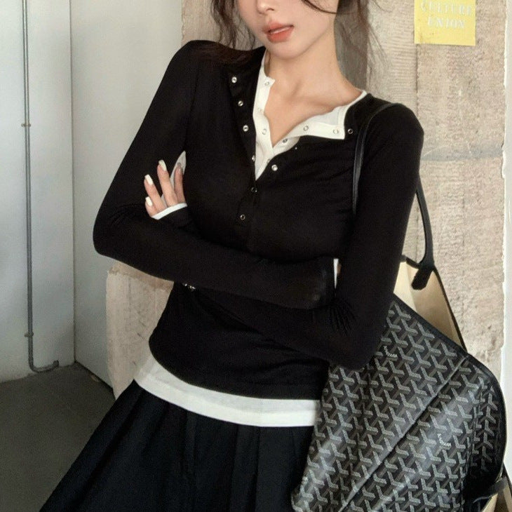 Women's Slim Fit Fake Two-piece Long Sleeve T-shirt Blouses