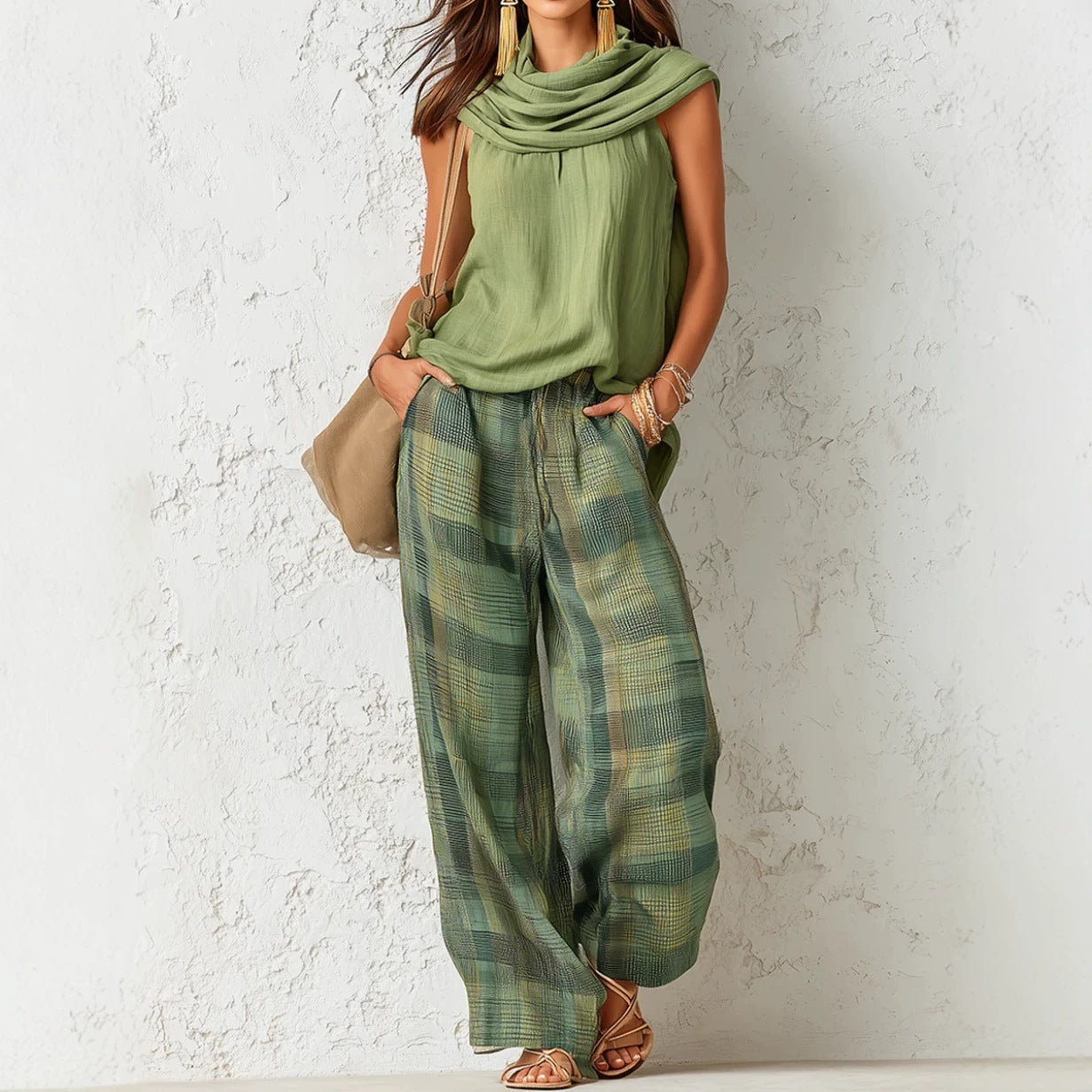Beautiful Women's Retro Style Sleeveless Plaid Fashion Casual Suit
